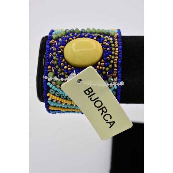 Beaded Cuff Bangle Bracelet Rhinestone Crystal Royal Blue Yellow Gold Chunky - Picture 1 of 12